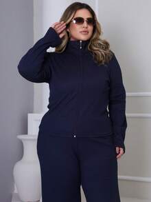 Women's Plus Size Winter Set, Plain, Consisting Of Wide-Leg Pants And A Zippered Top In Ribbed, Fleece-Lined Knit Fabric. - 藏蓝色 - 查看 2