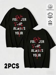 2 Pieces Couple Matching Unisex Cotton Tees With Romantic Rose Print, Perfect For Daily Casuals And Vacation. - Black 3 - View 2
