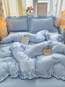 荷叶边黑色公主风床上用品套装（1个被套+2个枕套），柔软舒适的100%涤纶面料，适用于卧室、客房，是馈赠佳品。 - 淺藍色 - 查看 8