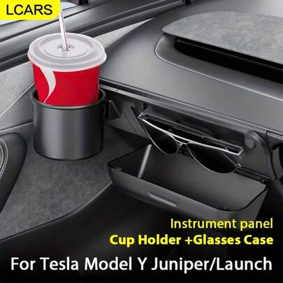  LCARS Multifunctional Dashboard Storage Box, Suitable For Tesla Model YL/Juniper/Launch 2025, 2-In-1 Glasses Holder & Cup Holder, Fashion Glasses Organizer, Beverage Rack, Dashboard Storage Box Accessory