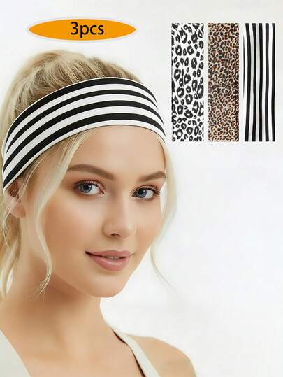 女士三件套瑜伽头带：加厚高弹设计，波西米亚风格，包含纯色和豹纹图案。柔软吸汗，兼具实用运动功能和时尚美感。经典设计，是秋冬装和度假装扮的理想配饰。