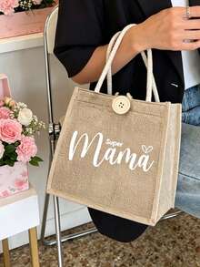1 Stück Leinentasche mit "Mama" und Herzmuster Muster, beste Mama Grafik Tasche, Muttertagsgeschenk, lustiges Geschenk für Mama, Freundinnen, Schwestern, Aufbewahrungstasche, faltbare Einkaufstasche, leichte Kosmetiktasche, Reisetasche, großes Fassungsvermögen, perfektes Muttertagsgeschenk - Verschiedenfarbig - Übersicht 4