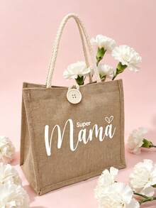 1 Stück Leinentasche mit "Mama" und Herzmuster Muster, beste Mama Grafik Tasche, Muttertagsgeschenk, lustiges Geschenk für Mama, Freundinnen, Schwestern, Aufbewahrungstasche, faltbare Einkaufstasche, leichte Kosmetiktasche, Reisetasche, großes Fassungsvermögen, perfektes Muttertagsgeschenk - Verschiedenfarbig - Übersicht 5