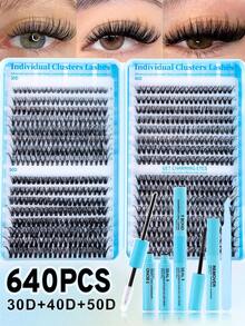 640pcs (30D+40D+50D) DIY Eyelash Extension Kit - Includes Fake Lashes, Glue, Makeup Remover, Tweezers And Brush, Professional And Beginner Friendly, Easy To Use At Home, Eyelash Extension Set For Beginners: All-In-One Kit With Lashes, Glue, Remover And Tools, Apply Like A Pro At Home - Multicolor - View 2