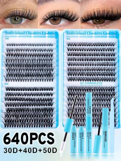 640pcs (30D+40D+50D) DIY Eyelash Extension Kit - Includes Fake Lashes, Glue, Makeup Remover, Tweezers And Brush, Professional And Beginner Friendly, Easy To Use At Home, Eyelash Extension Set For Beginners: All-In-One Kit With Lashes, Glue, Remover And Tools, Apply Like A Pro At Home