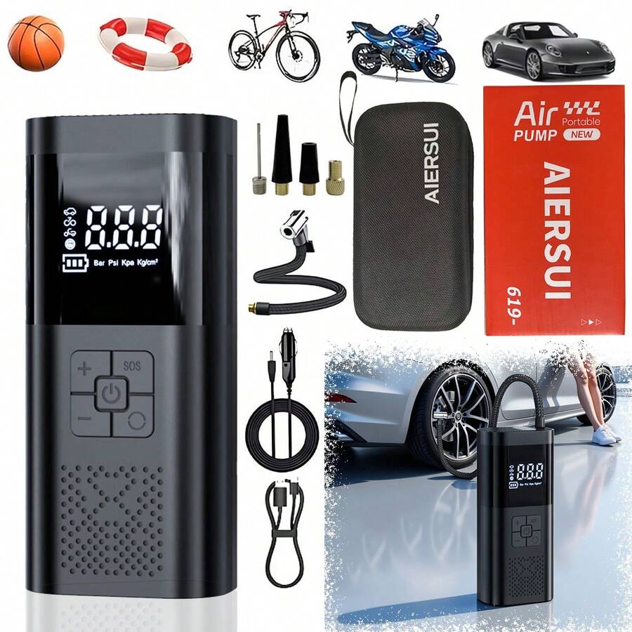 SUITU Tire Inflator Portable Air Compressor - Features A Digital Pressure Gauge; The Upgraded Model Includes A Carrying Case And A Power Bank Function (Upgraded Model Only) For Cars, Motorcycles, Bicycles, And Sports Balls7.4V/DC12V 2000MAH