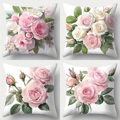 4PCS Collection, Cover Featuring Pink Roses, Measuring 17.7 Inches By 17.7 Inches, With Print On One Side, Ideal For Home Decor, Lumbar Support For Sofas, Cover Sold Without Insert
