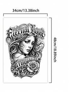 1 pieza Tatuaje temporal falso para la espalda de hombres, retrato femenino , gótico, semi-permanente, resistente al agua y al sudor, que dura de 1 a 2 semanas, realista, con jugo de hierbas, antifricción, sin reflejo, negro, para mujer y hombre, pegatinas de tatuaje para brazo, pecho, pierna - HM063 - Ver 5