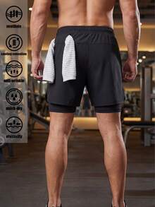 3pcs 2-In-1 Men's Outdoor Sports Running Shorts, Breathable Quick-Dry Printed Shorts Black Summer - Black - View 4