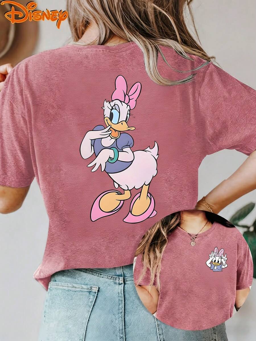 Disney License T Shirts,Disney Daisy Duck Graphic T-Shirt For Women, Casual Loose Fit Cute Peace Sign Pose Print Short Sleeve Tee, Iconic Disney Character Top, Family Matching Mommy & Me Outfit, Casual Daily Summer Fashion Wear ,Camiseta, Summer Outfits For Women, Summer Clothes, Summer Tops, Tops For Women, Festival Outfits, Summer Tops For Women, Mother's Day, Mother's Day Clothing, Gifts For Family And Friends, Spring Outfits For Women, Officially Licensed Disney T-Shirts, Disney Men's And Women's Spring/Summer Fashion Casual Short-Sleeve T-Shirts - 玫紅色 - 查看 1