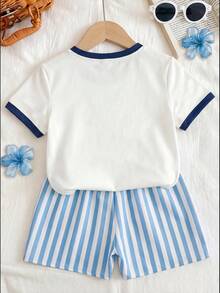 2pcs/Set Girls' Blue Floral Contrast Color Casual Cute Minimalist Short Sleeve Striped Shorts Set, Summer - Royal Blue - View 2