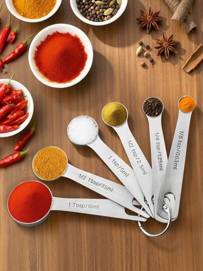 Bộ 6 thìa đong bằng thép không gỉ có móc treo, vạch chia kép hệ mét và hệ Mỹ, kèm vòng giữ thìa, thích hợp cho việc làm bánh, nấu nướng và nêm gia vị trong nhà bếp.