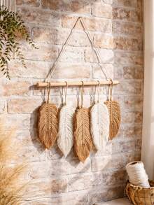 1 Stück handgefertigter gewebter Blatt-Wandteppich, handgefertigte Feder-Quaste Wandbehang Dekoration mit Perlen, Boho-Stil gewebte Wandkunst für Schlafzimmer, Wohnzimmer, Kinderzimmer, ästhetischer Raumdekoration, Boho Heimdekoration Geschenk - Mehrfarbig-A - Übersicht 1
