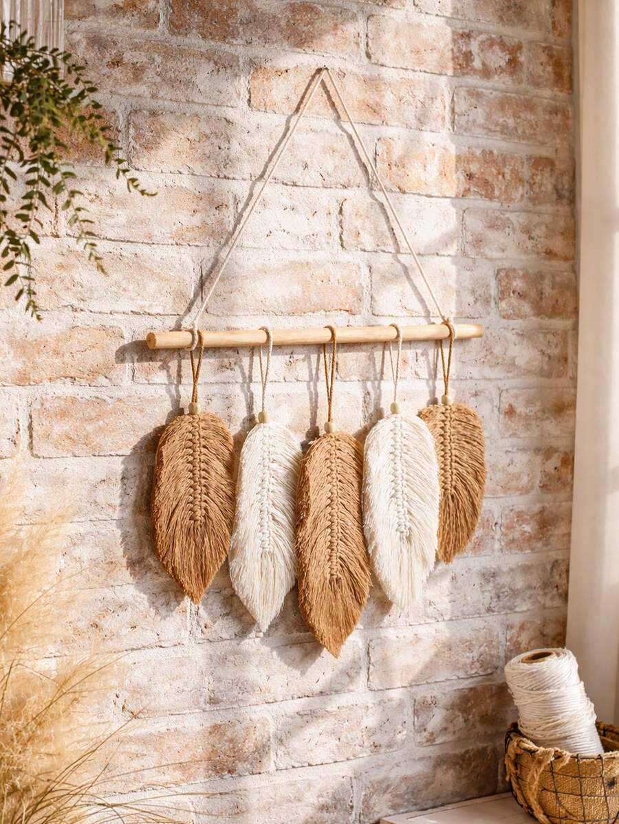 1 Stück handgefertigter gewebter Blatt-Wandteppich, handgefertigte Feder-Quaste Wandbehang Dekoration mit Perlen, Boho-Stil gewebte Wandkunst für Schlafzimmer, Wohnzimmer, Kinderzimmer, ästhetischer Raumdekoration, Boho Heimdekoration Geschenk - Mehrfarbig-A - Übersicht 1
