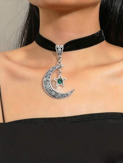 1件装女士哥特复古镂空雕刻月亮五芒星吊坠项链，颈链