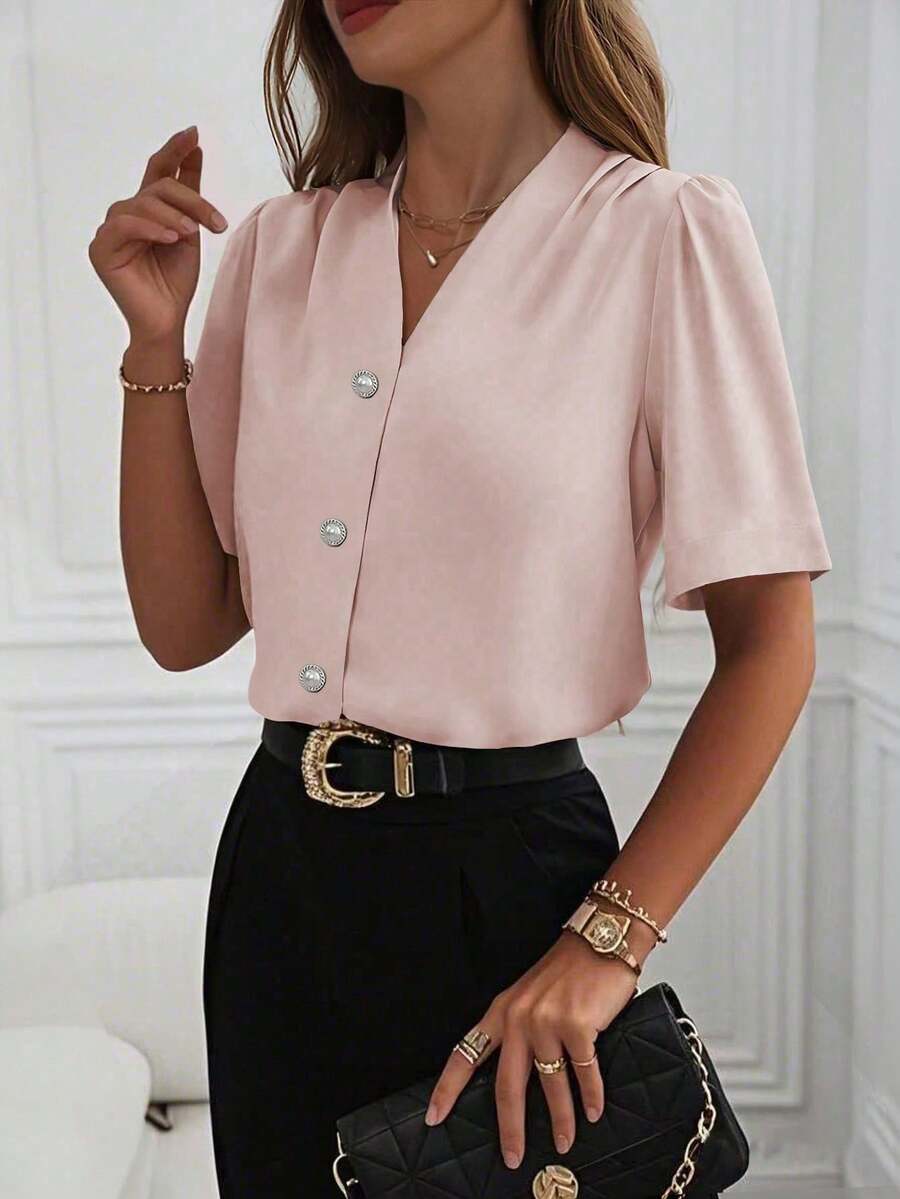 （尺码偏大，建议选购小一码）夏季新款V领女式衬衫，秋冬优雅休闲商务通勤开衫衬衫，奶油黄，时尚度假高端百搭显瘦可爱上衣，复古韩版粉色 - 粉色 - 查看 1