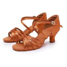 5cm/7cm Heel Latin Dance Shoes, Satin Material, Suitable For Professional Dance Hall, Adult Dance Practice, 3 Color Options - Brown - View 7