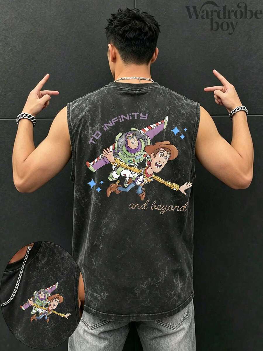 Disney Men's Washed Cotton Sleeveless Printed Vest, Toy Story Pattern Printed Vest, Suitable For Both Men And Women, High-Quality Pure Cotton Vest, Suitable For All Seasons, Comfortable And Breathable | Exquisite Design | The Best Choice For Gift Giving - 黑色 - 查看 1