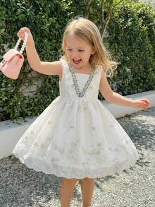 Girls' Summer Embroidered Sleeveless Elegant Dress, Ruffled Shoulder Design, Colorful Floral Sequin Decor, Double-Layer Skirt, Princess Style - White - View 2