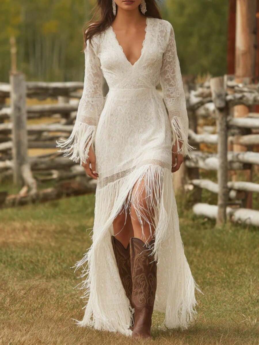 Vintage White Lace V Neck Long Sleeve Dress With Tassel Hem High Low Dress - trắng - Xem 1