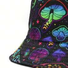 Reversible Bucket Hat, Unisex Vibrant Mushroom Print & Solid Black Basin Hat, Hip Hop Y2K Style Two-Sided Wearable Fisherman's Hat - Polychrome - View 8