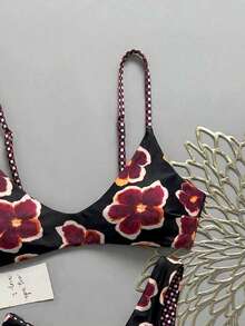 Lucky Girl Women's Reversible Plaid & Floral Print Tie-Back Two Pieces Bikini Set Set, Beach Holiday - Black - View 4