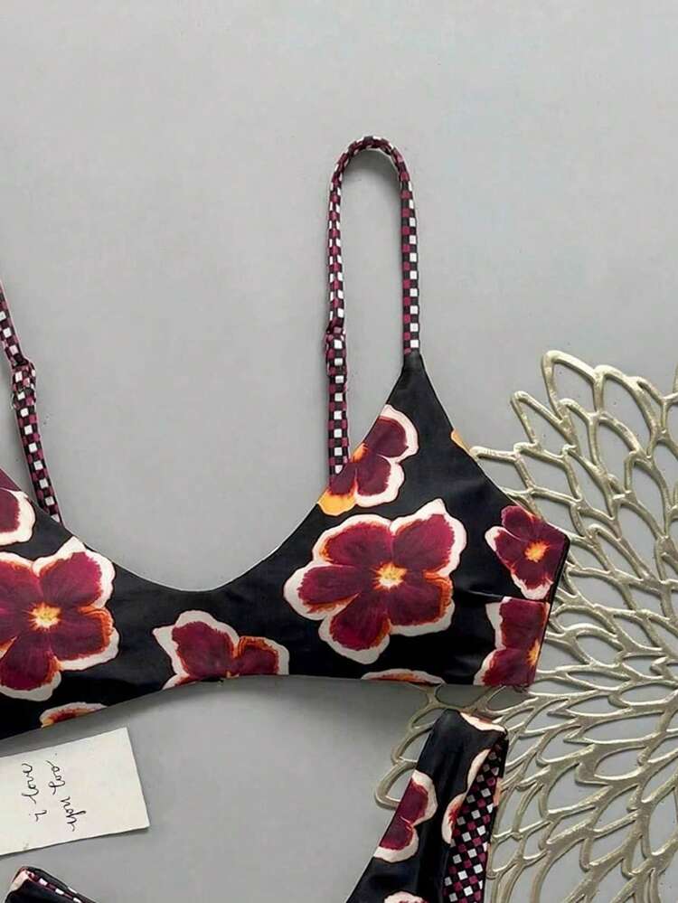 Lucky Girl 女士双面格子和花卉印花系带两件式比基尼套装，沙滩度假 - 黑色 - 查看 4