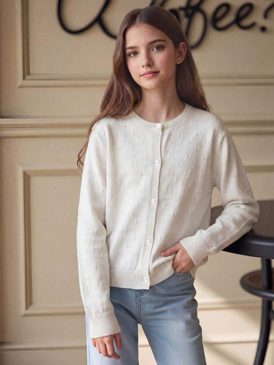 Girls' Solid Color Knit Cardigan, Elegant Hollow Pattern Design, Versatile For Home, Outings Or Eid Al-Adha Gift - Beige - View 1