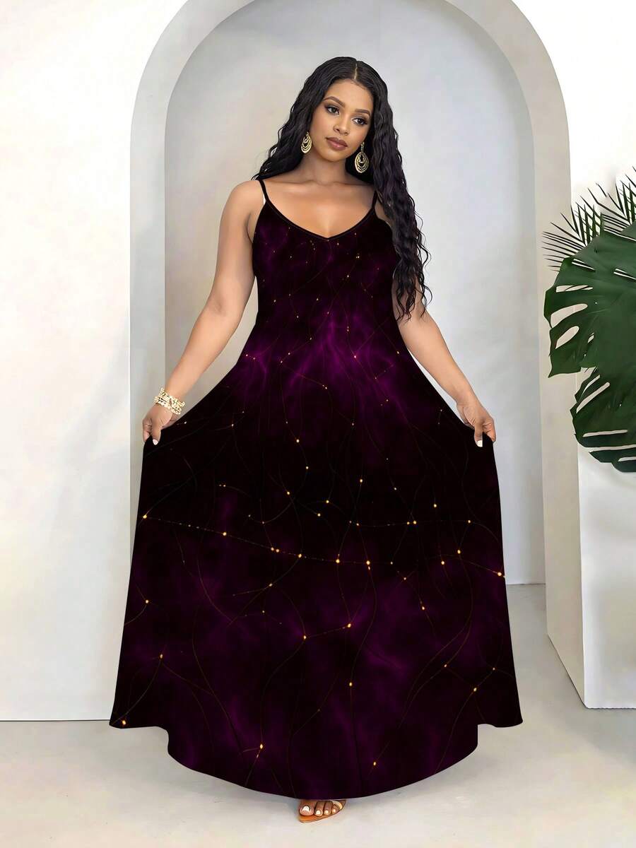 Women's Plus Size Flowy Maxi Dress V Neck Spaghetti Strap Sleeveless Casual Loose Long Dresses Galaxy Print Summer Evening Party Wear Suitable For Leisure Activities - 白色 - 查看 1