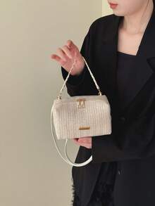 1pc Women's Fashion Solid Color Straw Handbag, Commute & Vacation Straw Shoulder Bag, Suitable For Shopping, Vacation - Beige - View 8