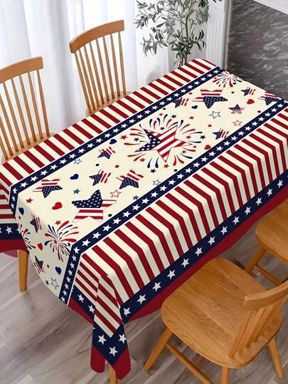 1pc American Independence Day Patriotic Theme Tablecloth, Red White Blue Star Striped Waterproof Rectangular Table Runner, Memorial Day Party Decor, High Quality Polyester Material, Multiple Sizes Available