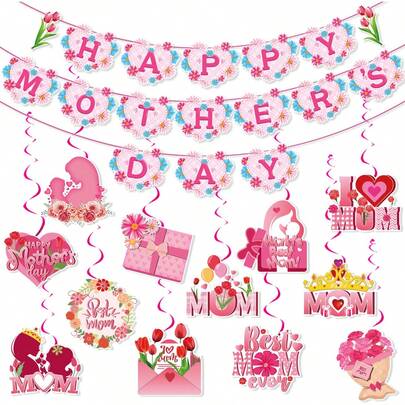 1 Set Mother's Day Party Decorations Including Banner, Spiral Hanging Decor, Hanging Cards