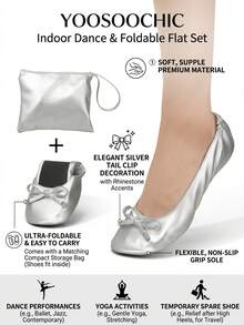 Women's Soft & Comfortable Foldable Ballet Flats With Round Toe, Thin Sole, Slip-On Design, Includes Matching Storage Bag, Suitable For All Seasons - Silver - View 4