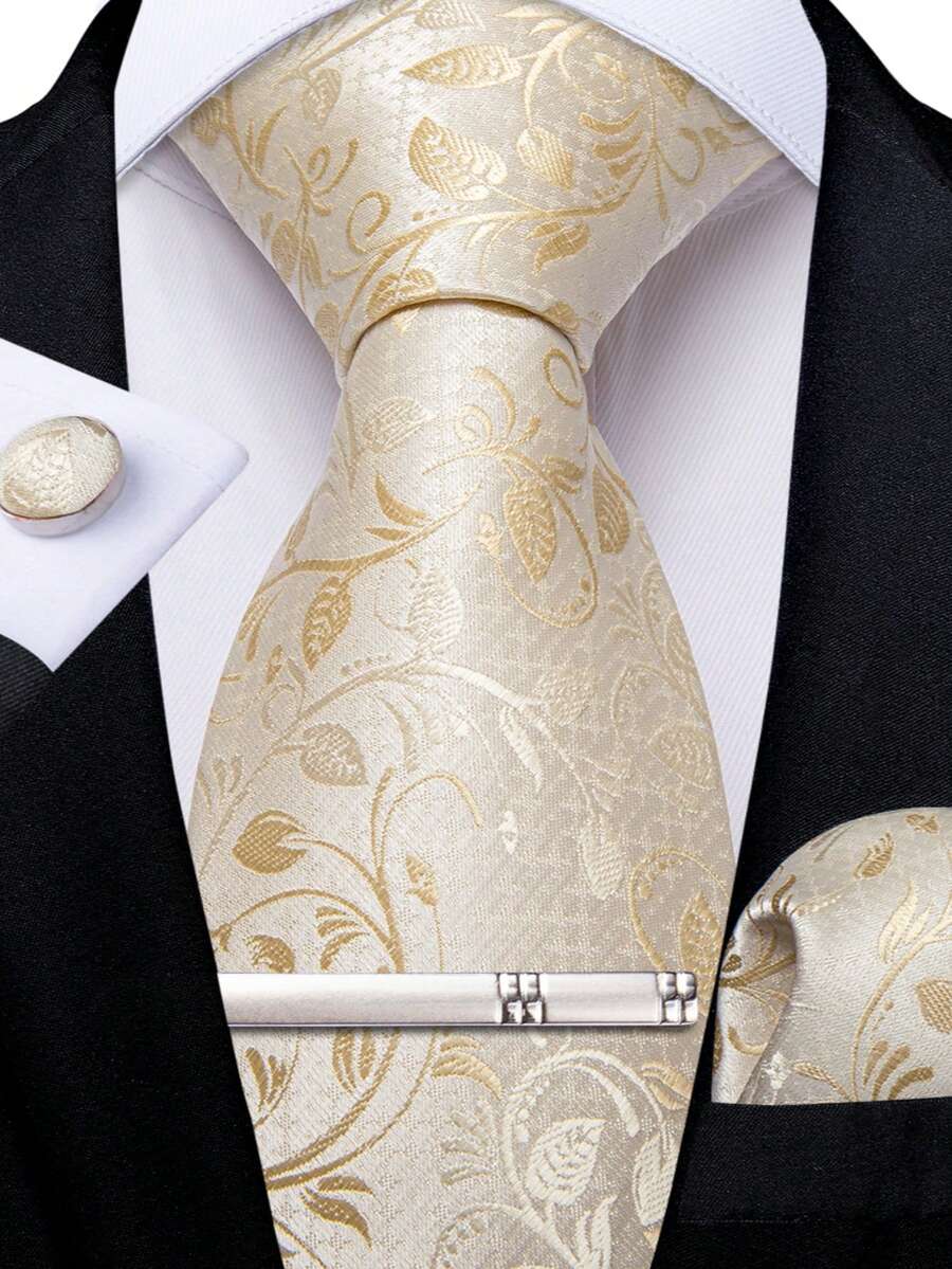 Set de 4 piezas para hombre con corbata, pañuelo de bolsillo, gemelos y pinza de corbata con diseño de hojas, accesorios formales para traje de boda y negocios, regalo - Champán - Ver 1