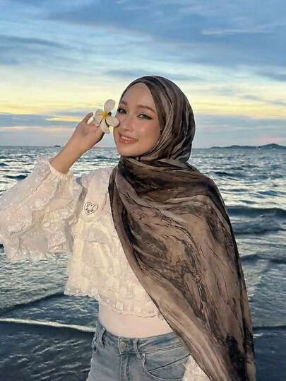 1 pieza Pañuelo para la cabeza de mujer con estampado de textura de mármol marrón, velo de estilo bohemio con efecto de tinta, liviano y transpirable para usar en la calle, adecuado para uso diario durante todo el año, playa, vacaciones