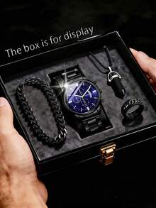 4PCS Simple Business Men's Quartz Watch, Men's Cool Business Style Quartz Watch Accessory Set, Including A Men's Quartz Watch With Bar Markers, Cuban Chain Bracelet, Pendant Necklace, And Engraved Ring. - Black - View 6