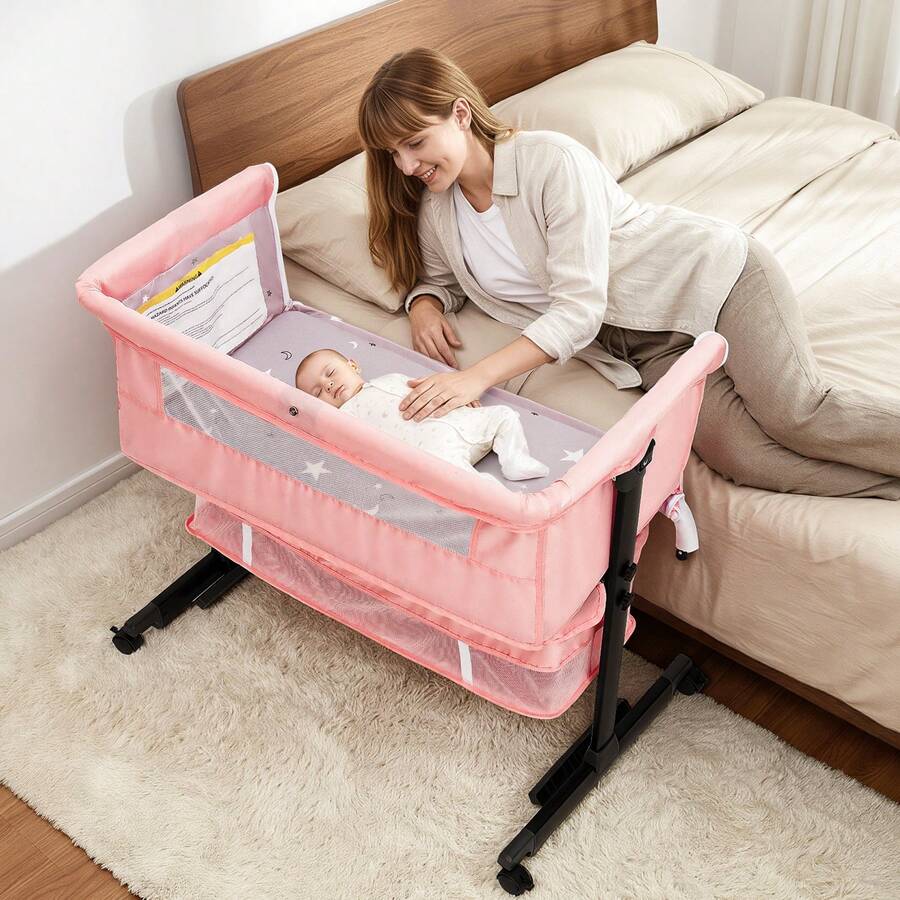 3-In-1 Baby Crib,Bedside Bassinet, Baby Bed With Storage Basket,Easy To Fold,6 Adjustable Height Portable Crib For Infant/Newborn,Baby Need,Baby Stuff - Pink - View 1