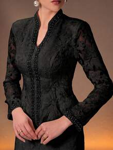 Gaun Set 2 Potong Elegan Baru, Leher V, Desain Lengan Berhiaskan Mutiara di Bagian Depan, Kain Kustom Hitam - Hitam - View 3