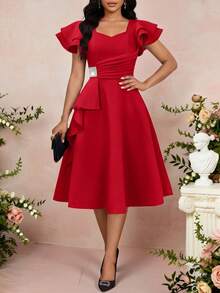 Fleurora Vestido de verano elegante de mujer con volantes y adornos de strass en la cintura - Rojo - Ver 1