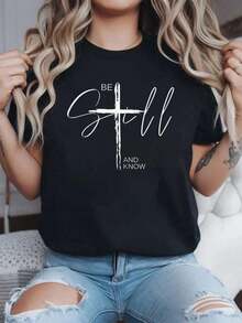 % Cotton Be Still And Know Inspirational Christian Jesus-Shirt WoWomen Print Shirts Print Crew Neck-Shirt, Women Graphic Shirts, Casual Short Sleeve-Shirt Spring & Summer, Women's Clothing - 黑色 - 查看 6