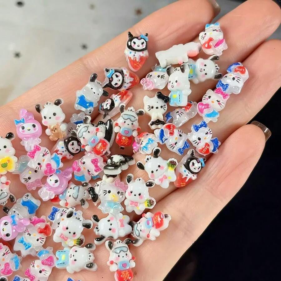 SANRIO Bộ 100 miếng/gói trang trí móng tay hoạt hình ngẫu nhiên, hình ảnh Dopamine dễ thương, kem, mèo và phụ kiện tự làm ốp điện thoại. - Nhiều màu - Xem 1