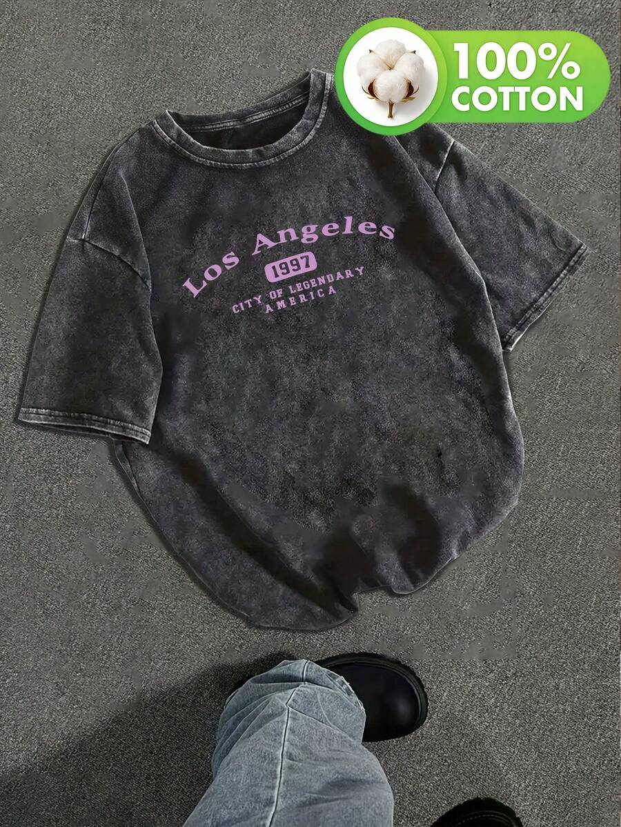 Camiseta de manga corta para hombre, ideal para el verano, divertida y con estilo, con estampados de letras y corte holgado. - Negro - Ver 1