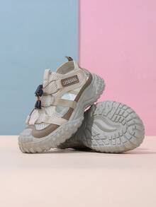 1 par de zapatillas deportivas gruesas para niños, diseño de costado hueco, cierre de conveniente, suela gruesa con patrón texturizado, bloqueo de color caqui, de moda - Caqui - Ver 2