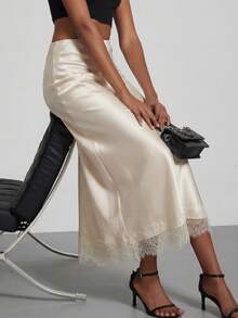 Women's Elegant Lace Patchwork Satin Skirt, Spring/Summer - Apricot - View 2
