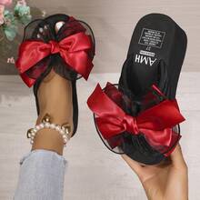 女士手工花朵蝴蝶结人字拖，TPR鞋底，6.5厘米鞋跟，防滑耐磨休闲沙滩夏季坡跟拖鞋，黑色 - 紅色 - 查看 4