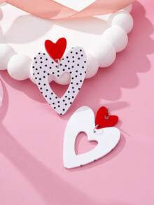 1 par de pendientes colgantes de corazón y gota de agua de acrílico con estampado de lunares en blanco y negro, adecuados para uso diario - Multicolor - Ver 4