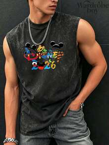 Disney 1PC Men's Washed Cotton Sleeveless Printed Vest, Cartoon Pattern Printed Vest, Suitable For Both Men And Women, High-Quality Pure Cotton Vest, Suitable For All Seasons, Comfortable And Breathable | Exquisite Design | The Best Choice For Gift Giving - 黑色 - 查看 2