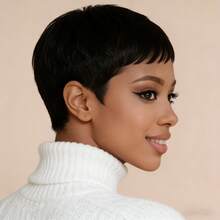 Beaushine 1B Short Pixie Cut Brazilian Human Hair Wig, 180% Density, Glueless Rose Net Cap, Suitable For Daily Wear, Parties, Festivals, Breathable And Comfortable, Fits Multiple Skin Tones And Hair Types - Natural Black - View 5