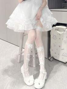 1 đôi tất dài đến đầu gối kiểu Lolita thắt nơ chéo dành cho nữ, tất cao đến đùi bằng sợi thủy tinh mỏng, kiểu dáng ngọt ngào, nữ tính và dễ thương. - Nhiều màu - Xem 6
