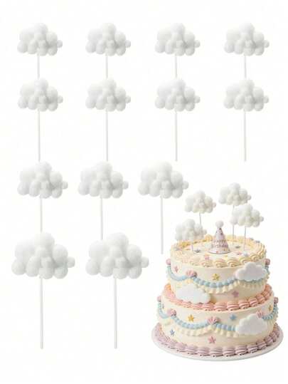1/10个云朵蛋糕装饰，可爱云朵纸杯蛋糕插牌，甜点装饰签，绒球蛋糕装饰，适用于婴儿派对、生日派对、婚礼